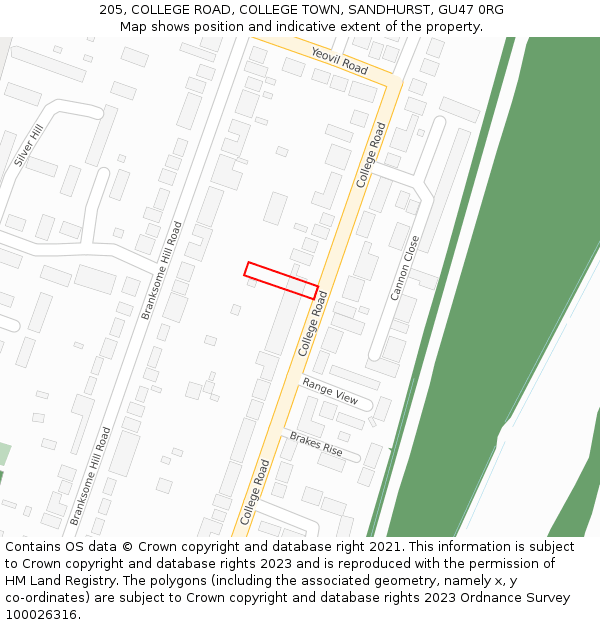 205, COLLEGE ROAD, COLLEGE TOWN, SANDHURST, GU47 0RG: Location map and indicative extent of plot