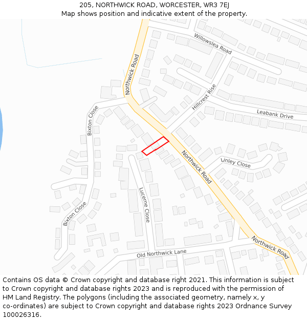 205, NORTHWICK ROAD, WORCESTER, WR3 7EJ: Location map and indicative extent of plot