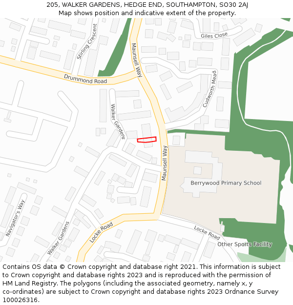 205, WALKER GARDENS, HEDGE END, SOUTHAMPTON, SO30 2AJ: Location map and indicative extent of plot