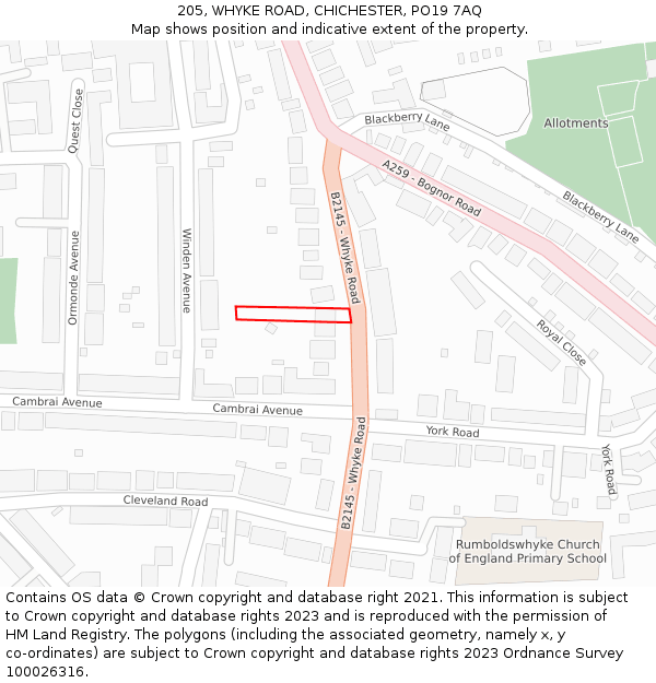 205, WHYKE ROAD, CHICHESTER, PO19 7AQ: Location map and indicative extent of plot