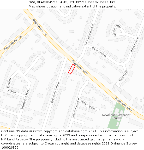 206, BLAGREAVES LANE, LITTLEOVER, DERBY, DE23 1PS: Location map and indicative extent of plot