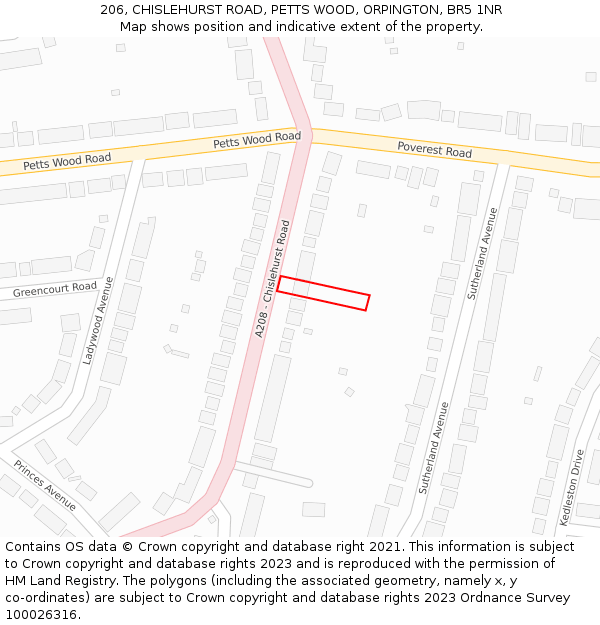 206, CHISLEHURST ROAD, PETTS WOOD, ORPINGTON, BR5 1NR: Location map and indicative extent of plot