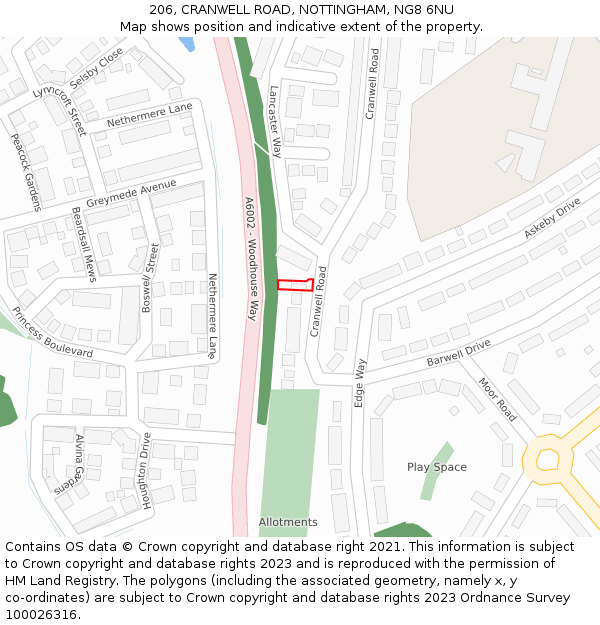 206, CRANWELL ROAD, NOTTINGHAM, NG8 6NU: Location map and indicative extent of plot