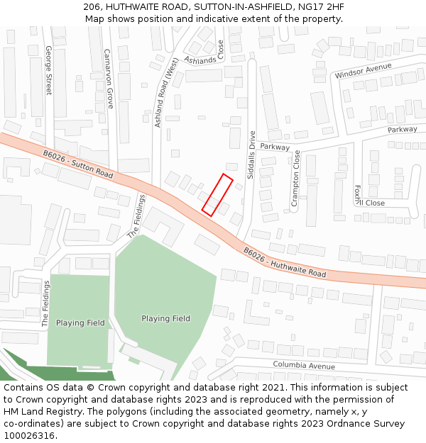 206, HUTHWAITE ROAD, SUTTON-IN-ASHFIELD, NG17 2HF: Location map and indicative extent of plot