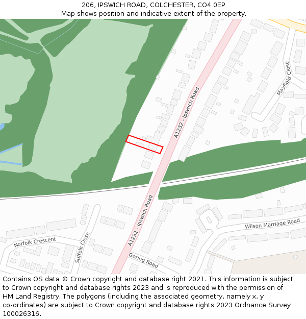 206, IPSWICH ROAD, COLCHESTER, CO4 0EP: Location map and indicative extent of plot