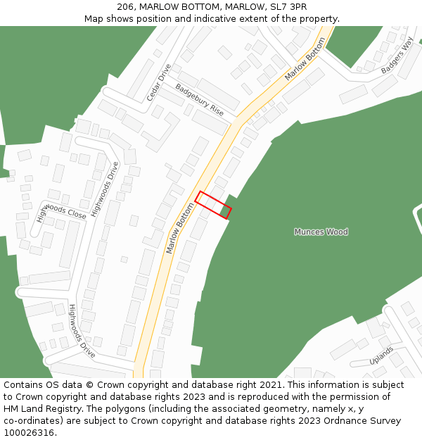 206, MARLOW BOTTOM, MARLOW, SL7 3PR: Location map and indicative extent of plot