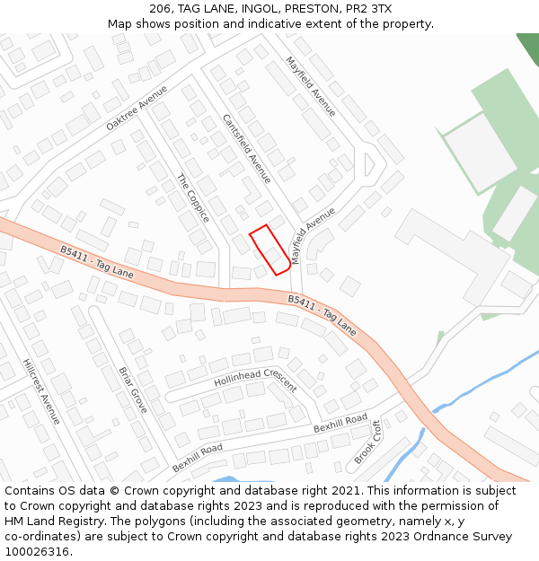 206, TAG LANE, INGOL, PRESTON, PR2 3TX: Location map and indicative extent of plot