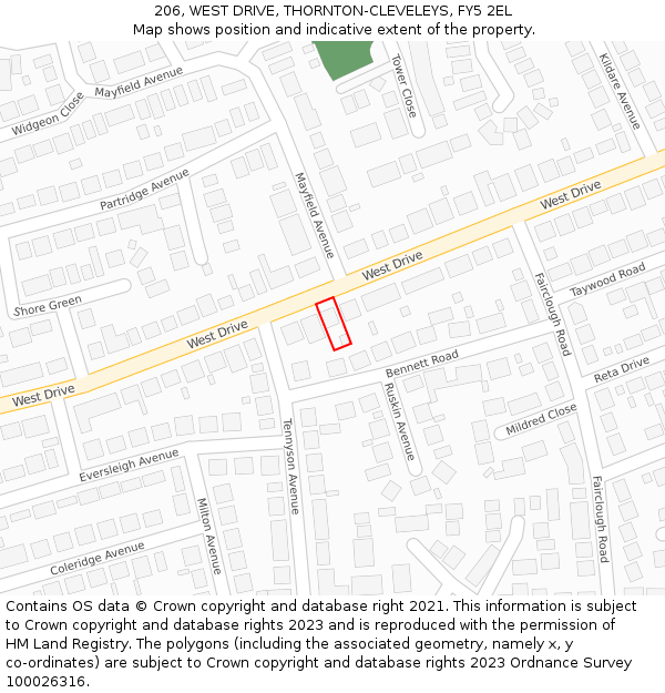 206, WEST DRIVE, THORNTON-CLEVELEYS, FY5 2EL: Location map and indicative extent of plot