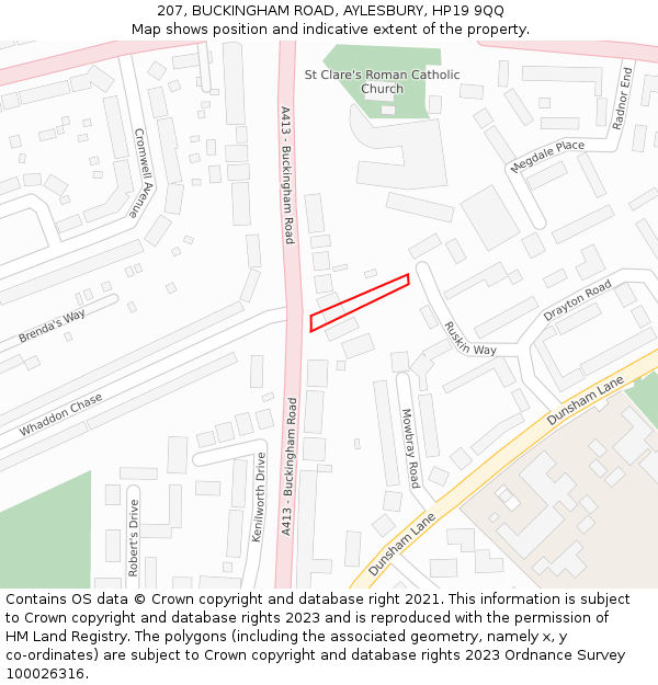 207, BUCKINGHAM ROAD, AYLESBURY, HP19 9QQ: Location map and indicative extent of plot