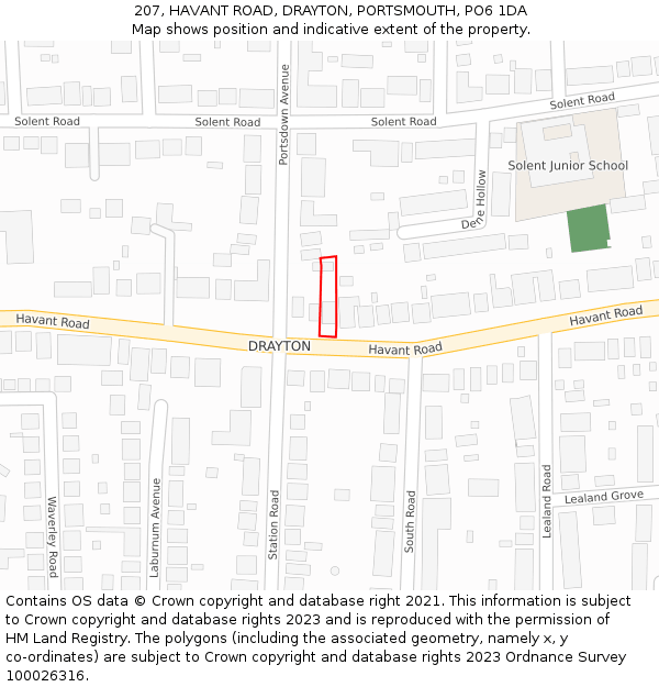 207, HAVANT ROAD, DRAYTON, PORTSMOUTH, PO6 1DA: Location map and indicative extent of plot