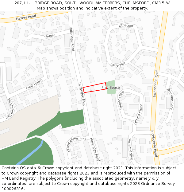 207, HULLBRIDGE ROAD, SOUTH WOODHAM FERRERS, CHELMSFORD, CM3 5LW: Location map and indicative extent of plot