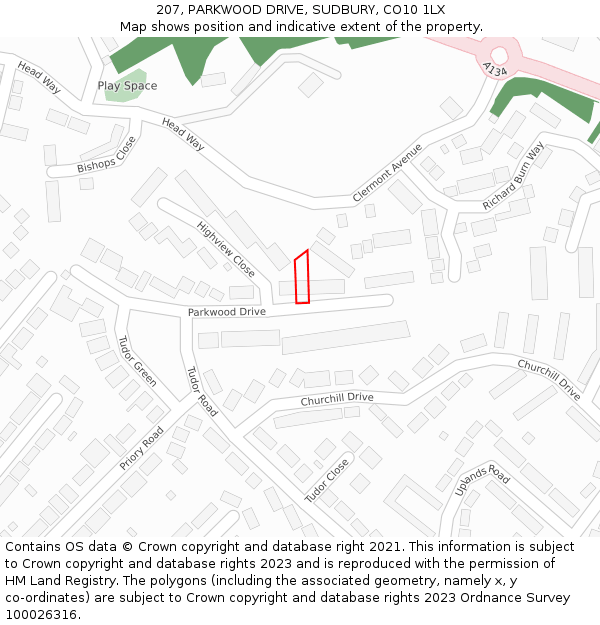 207, PARKWOOD DRIVE, SUDBURY, CO10 1LX: Location map and indicative extent of plot