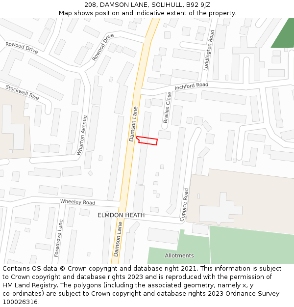 208, DAMSON LANE, SOLIHULL, B92 9JZ: Location map and indicative extent of plot