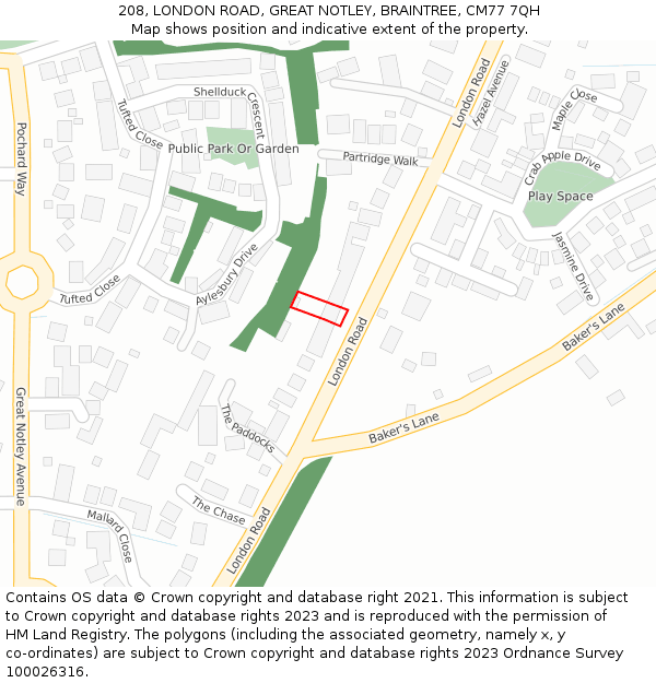 208, LONDON ROAD, GREAT NOTLEY, BRAINTREE, CM77 7QH: Location map and indicative extent of plot