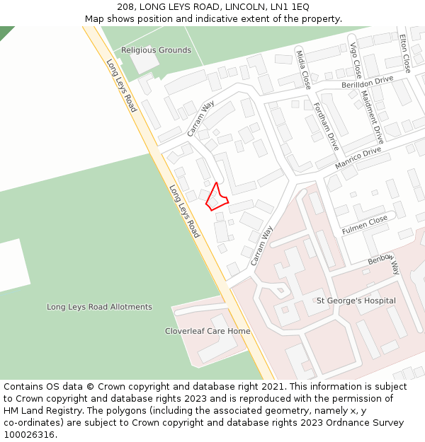 208, LONG LEYS ROAD, LINCOLN, LN1 1EQ: Location map and indicative extent of plot