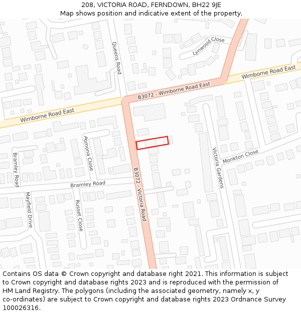 208, VICTORIA ROAD, FERNDOWN, BH22 9JE: Location map and indicative extent of plot