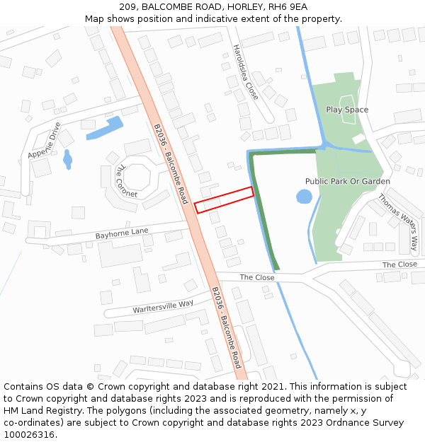 209, BALCOMBE ROAD, HORLEY, RH6 9EA: Location map and indicative extent of plot