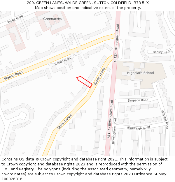 209, GREEN LANES, WYLDE GREEN, SUTTON COLDFIELD, B73 5LX: Location map and indicative extent of plot