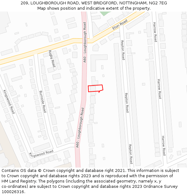 209, LOUGHBOROUGH ROAD, WEST BRIDGFORD, NOTTINGHAM, NG2 7EG: Location map and indicative extent of plot