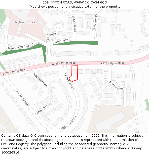 209, MYTON ROAD, WARWICK, CV34 6QD: Location map and indicative extent of plot
