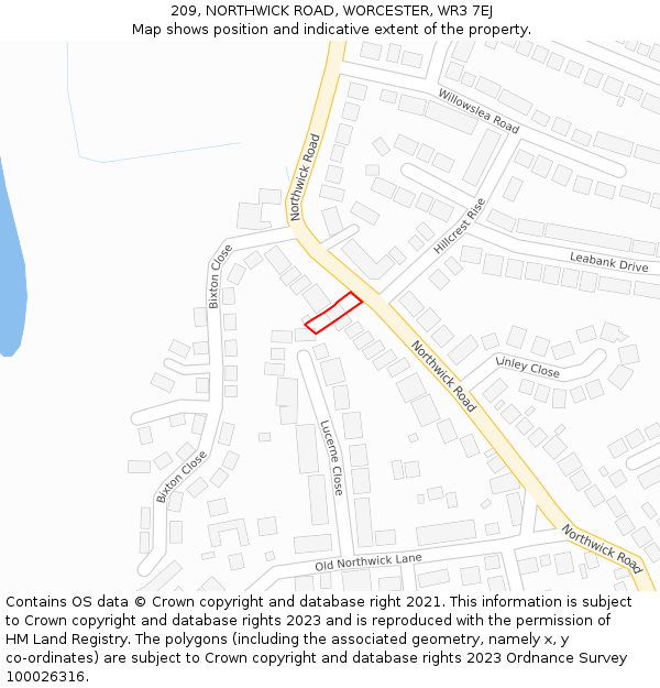 209, NORTHWICK ROAD, WORCESTER, WR3 7EJ: Location map and indicative extent of plot