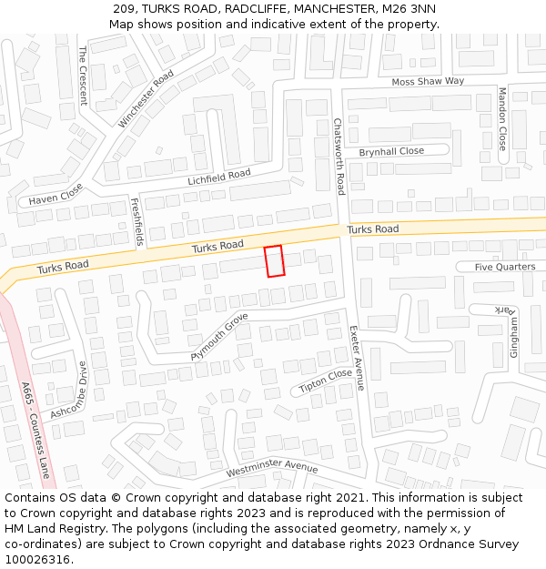 209, TURKS ROAD, RADCLIFFE, MANCHESTER, M26 3NN: Location map and indicative extent of plot