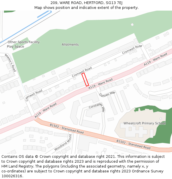 209, WARE ROAD, HERTFORD, SG13 7EJ: Location map and indicative extent of plot