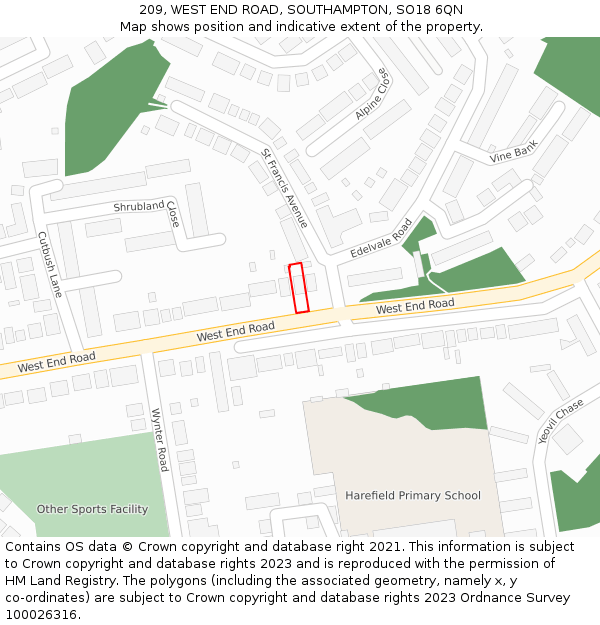 209, WEST END ROAD, SOUTHAMPTON, SO18 6QN: Location map and indicative extent of plot