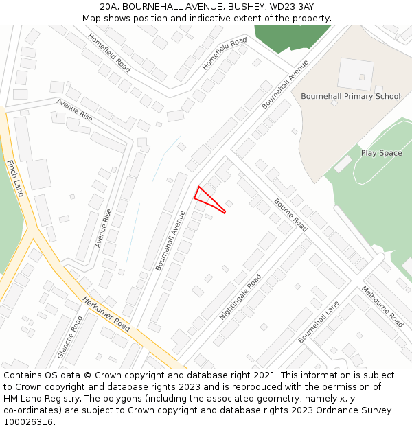 20A, BOURNEHALL AVENUE, BUSHEY, WD23 3AY: Location map and indicative extent of plot