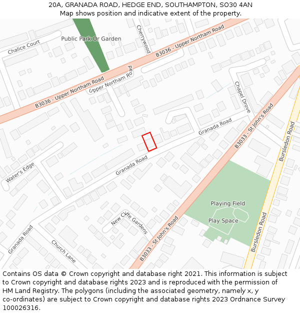 20A, GRANADA ROAD, HEDGE END, SOUTHAMPTON, SO30 4AN: Location map and indicative extent of plot