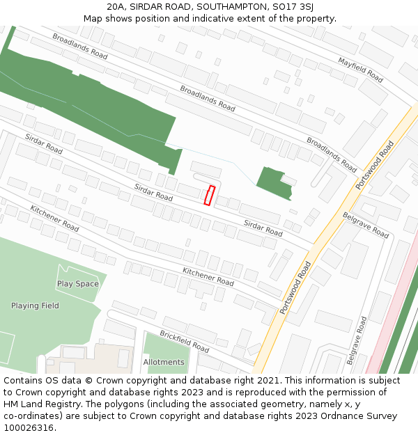 20A, SIRDAR ROAD, SOUTHAMPTON, SO17 3SJ: Location map and indicative extent of plot