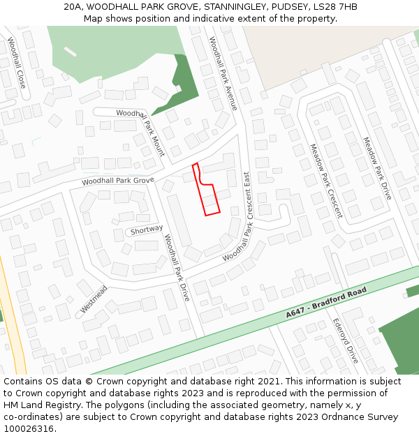 20A, WOODHALL PARK GROVE, STANNINGLEY, PUDSEY, LS28 7HB: Location map and indicative extent of plot