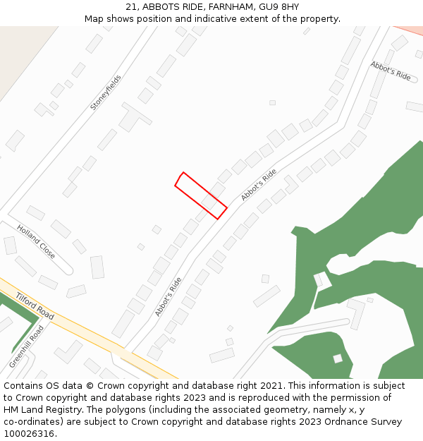 21, ABBOTS RIDE, FARNHAM, GU9 8HY: Location map and indicative extent of plot