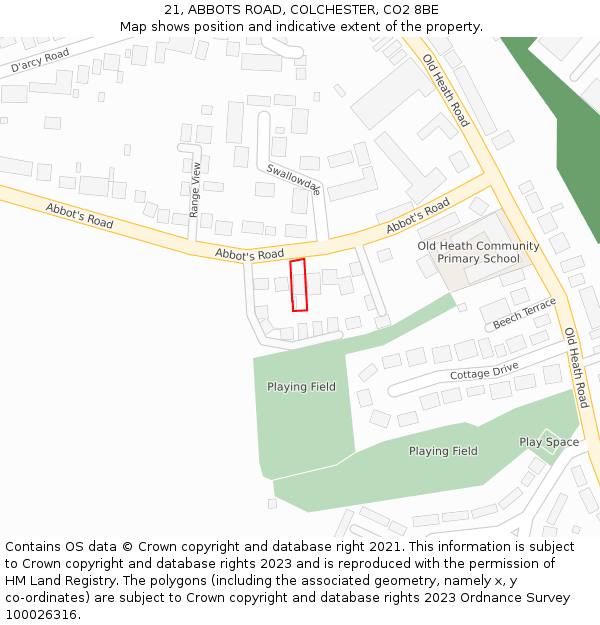 21, ABBOTS ROAD, COLCHESTER, CO2 8BE: Location map and indicative extent of plot