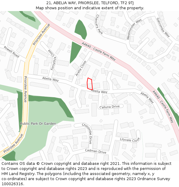 21, ABELIA WAY, PRIORSLEE, TELFORD, TF2 9TJ: Location map and indicative extent of plot