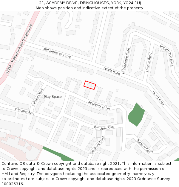 21, ACADEMY DRIVE, DRINGHOUSES, YORK, YO24 1UJ: Location map and indicative extent of plot