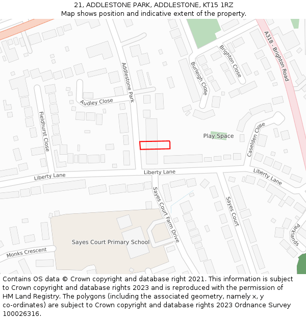 21, ADDLESTONE PARK, ADDLESTONE, KT15 1RZ: Location map and indicative extent of plot