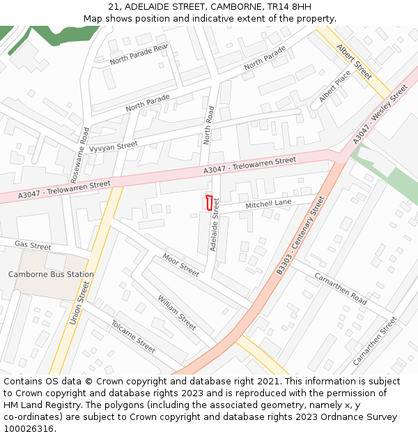 21, ADELAIDE STREET, CAMBORNE, TR14 8HH: Location map and indicative extent of plot