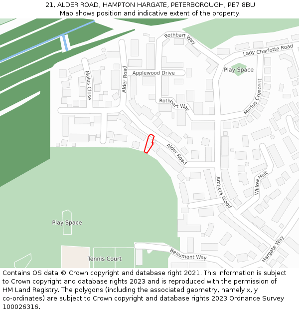 21, ALDER ROAD, HAMPTON HARGATE, PETERBOROUGH, PE7 8BU: Location map and indicative extent of plot