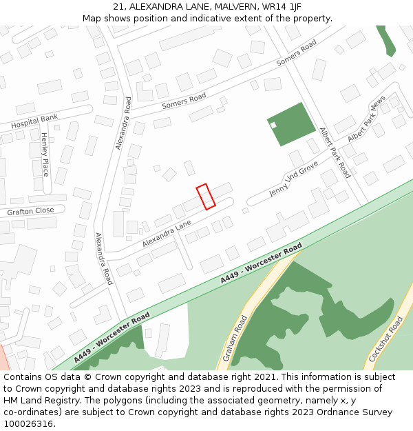 21, ALEXANDRA LANE, MALVERN, WR14 1JF: Location map and indicative extent of plot