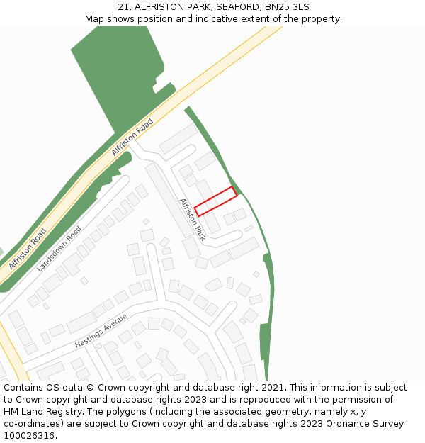 21, ALFRISTON PARK, SEAFORD, BN25 3LS: Location map and indicative extent of plot