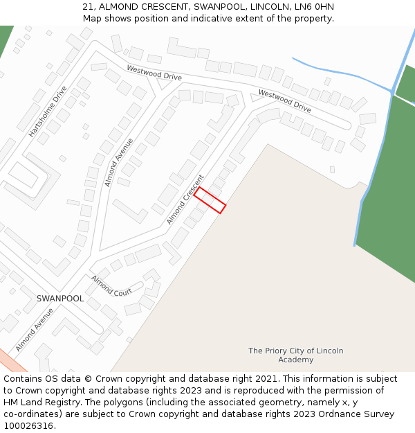 21, ALMOND CRESCENT, SWANPOOL, LINCOLN, LN6 0HN: Location map and indicative extent of plot