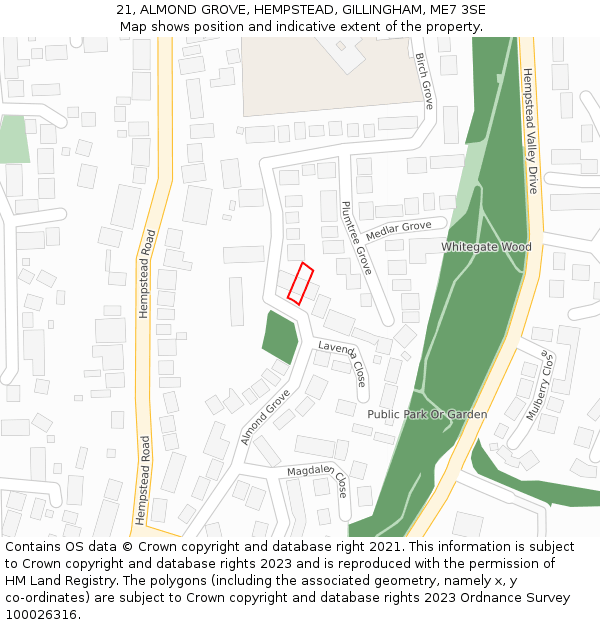 21, ALMOND GROVE, HEMPSTEAD, GILLINGHAM, ME7 3SE: Location map and indicative extent of plot