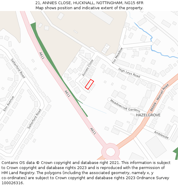 21, ANNIES CLOSE, HUCKNALL, NOTTINGHAM, NG15 6FR: Location map and indicative extent of plot