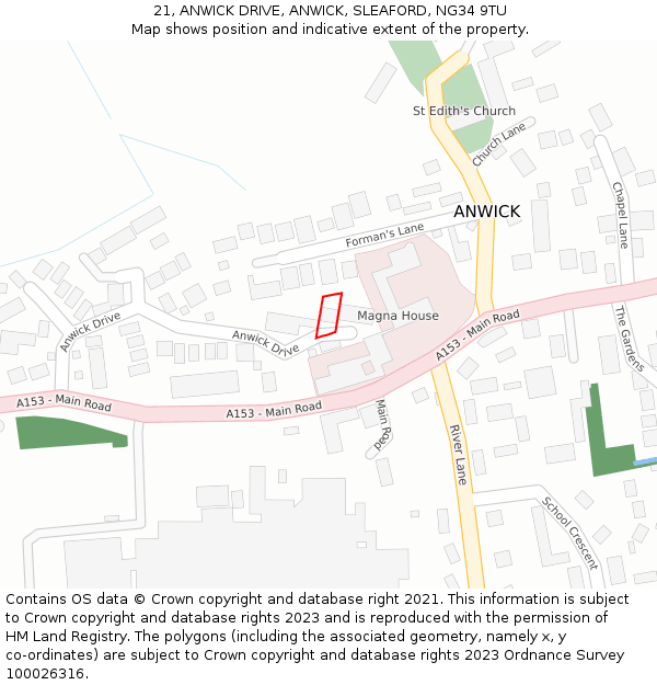 21, ANWICK DRIVE, ANWICK, SLEAFORD, NG34 9TU: Location map and indicative extent of plot