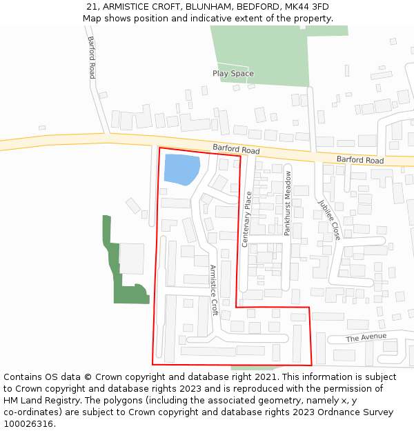21, ARMISTICE CROFT, BLUNHAM, BEDFORD, MK44 3FD: Location map and indicative extent of plot