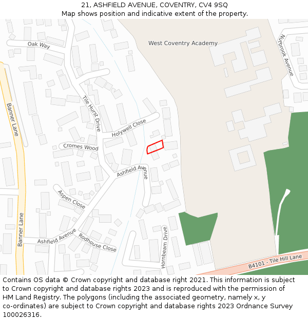 21, ASHFIELD AVENUE, COVENTRY, CV4 9SQ: Location map and indicative extent of plot