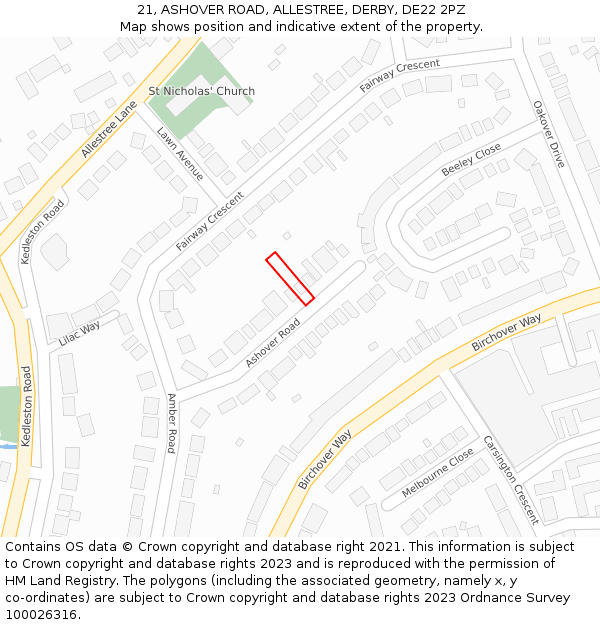 21, ASHOVER ROAD, ALLESTREE, DERBY, DE22 2PZ: Location map and indicative extent of plot