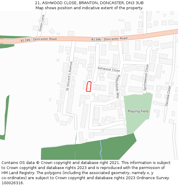 21, ASHWOOD CLOSE, BRANTON, DONCASTER, DN3 3UB: Location map and indicative extent of plot