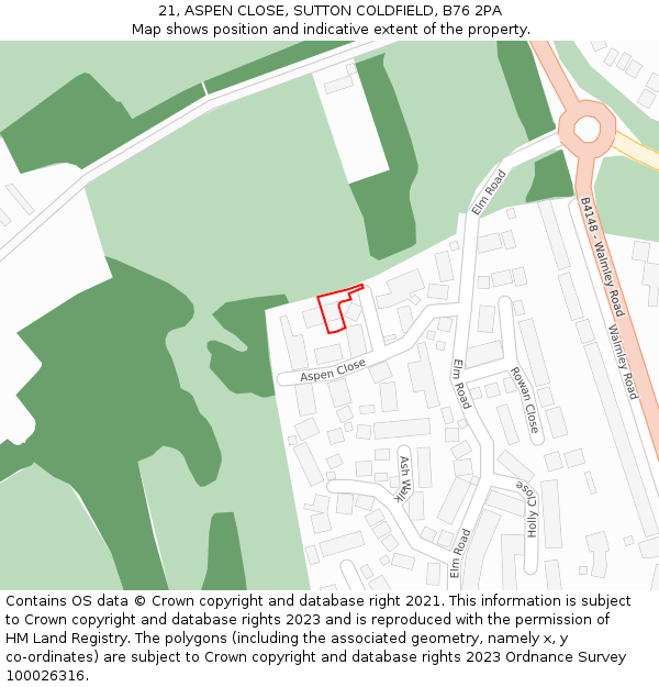 21, ASPEN CLOSE, SUTTON COLDFIELD, B76 2PA: Location map and indicative extent of plot
